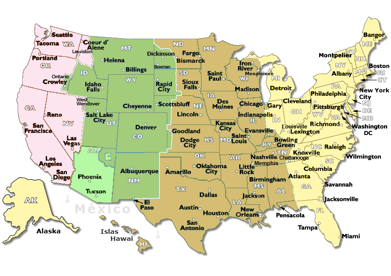 Mapa Zonas Horarias USA Estados Unidos Cambio Horario Huso 